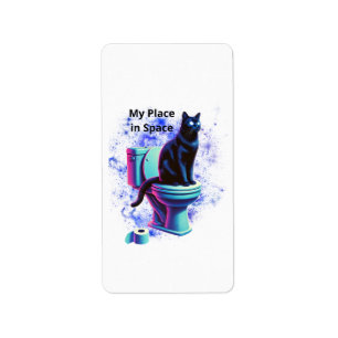 Cosmic Black Cat Toilet - Surreal Vaporwave Art Adressetikett