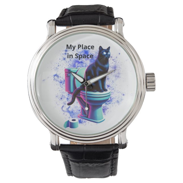 Cosmic Black Cat Toilet - Surreal Vaporwave Art Armbandsur (Framsida)