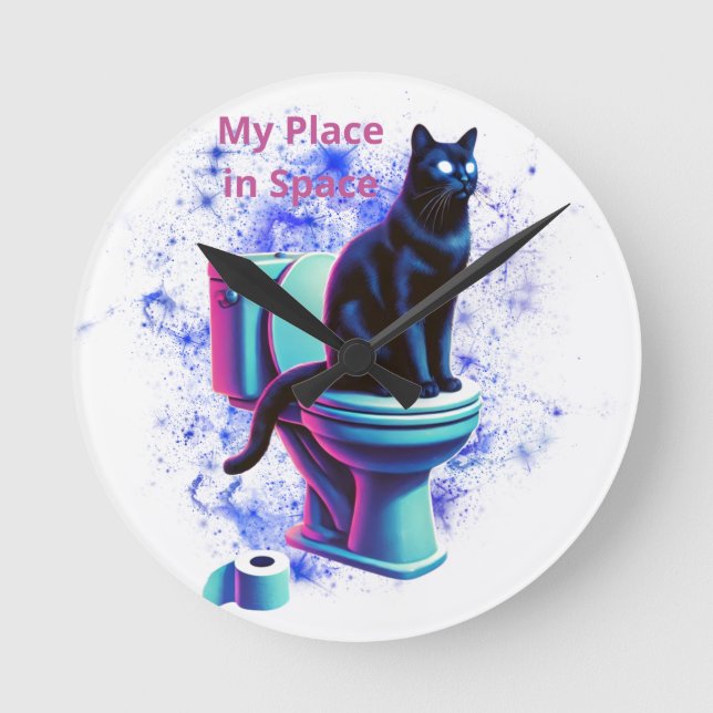 Cosmic Black Cat Toilet - Surreal Vaporwave Art Rund Klocka (Framsida)