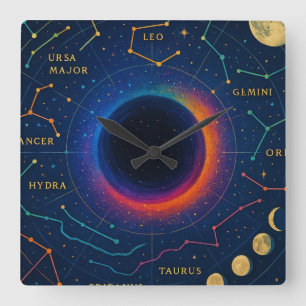 Cosmic Black Hål & Constellations Art - Celestial Fyrkantig Klocka
