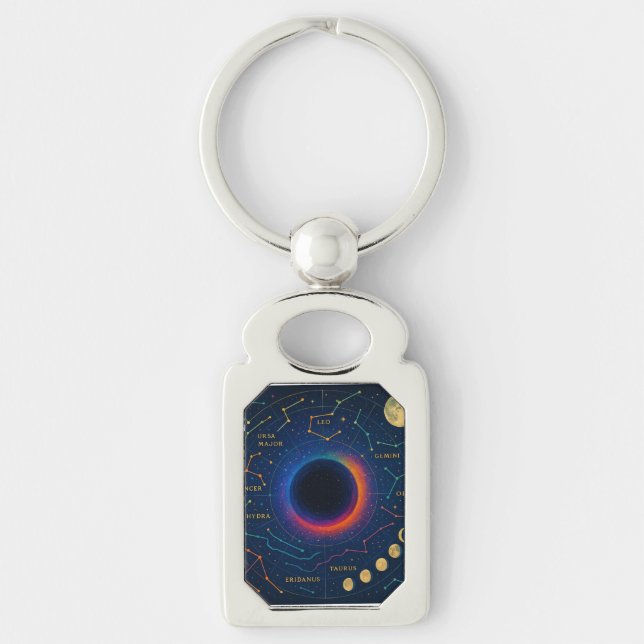 Cosmic Black Hål & Constellations Art - Celestial Rektangulärt Silverfärgad Nyckelring (Framsidan)