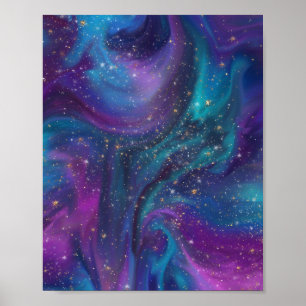 Cosmic Bläck Turkos Blue Lila Galaxy Nebula Poster
