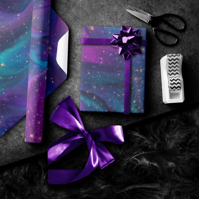 Cosmic Bläck | Turkos Blue Lila Galaxy Nebula Presentpapper (Skapare uppladdad)