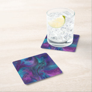 Cosmic Bläck   Turkos Blue Lila Galaxy Nebula Underlägg Papper Kvadrat
