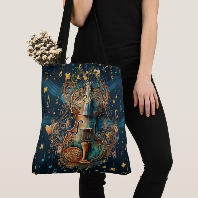 Cosmic Blue and Gold Violin Large Shoulder Tote Tygkasse (Närbild)