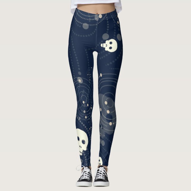 Cosmic Blue Skull Silhouette Mönster Leggings (Framsida)