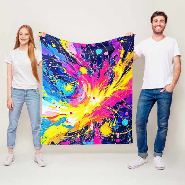 Cosmic Burst: Vibrant Splatter Art Fleecefilt (På plats)