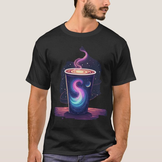 Cosmic Caffeine | Galactic Nebula Swirl Coffee Cup T Shirt (Framsida)