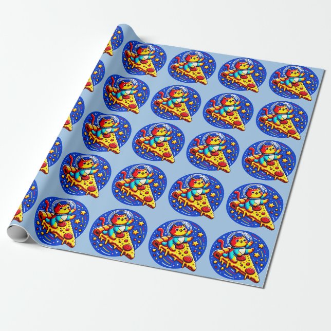 Cosmic Cat Astronaut Sticker - Lustigt Space Pizza Presentpapper (Utrullad)