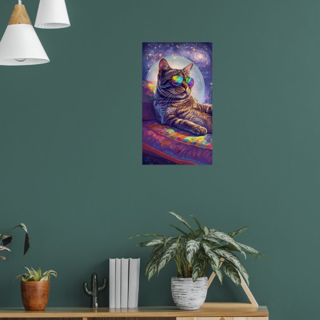 Cosmic Cat Chillin i Regnbågshader Art Poster (Vardagsrum 1)