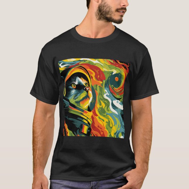 Cosmic Cat Explorer – Psychedelic Space Art T Shirt (Framsida)