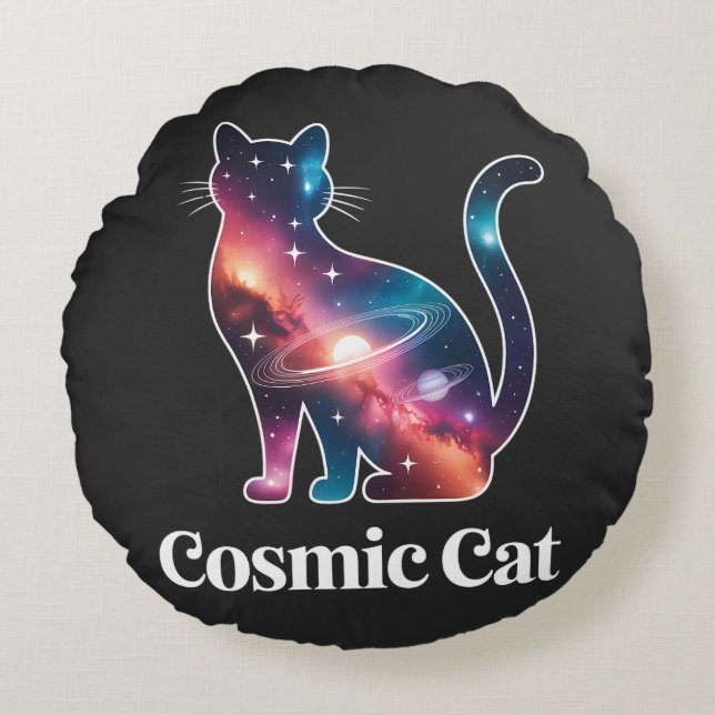 Cosmic Cat Silhouette Galaxy Space Stars Celestial Rund Kudde (Framsidan)