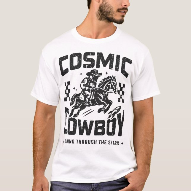 Cosmic Cowboy Retro Space Western Art T Shirt (Framsida)