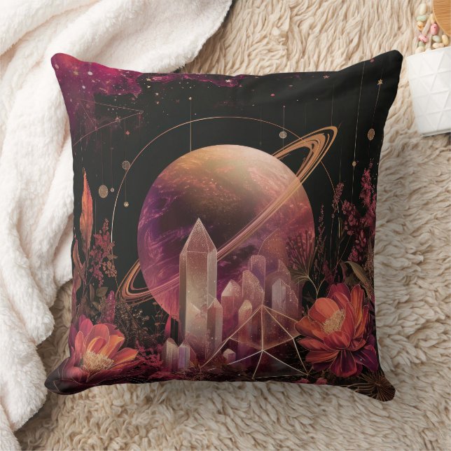 Cosmic Crystal Ringed Planet Fantasy Art (4) Kudde (Filt)