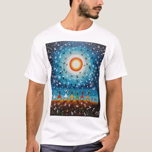 Cosmic Dance - Surreal Warli Ligcape T Shirt (Framsida)