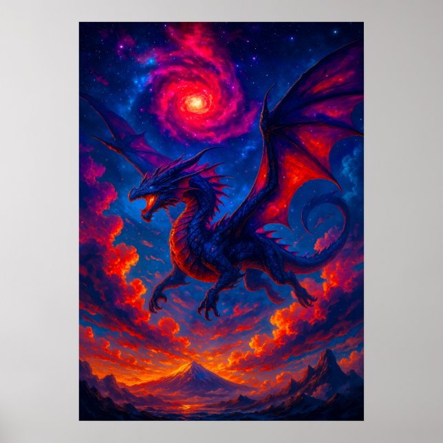 Cosmic Dragon som flyger genom Fiery Himmel Fantas Poster (Framsidan)