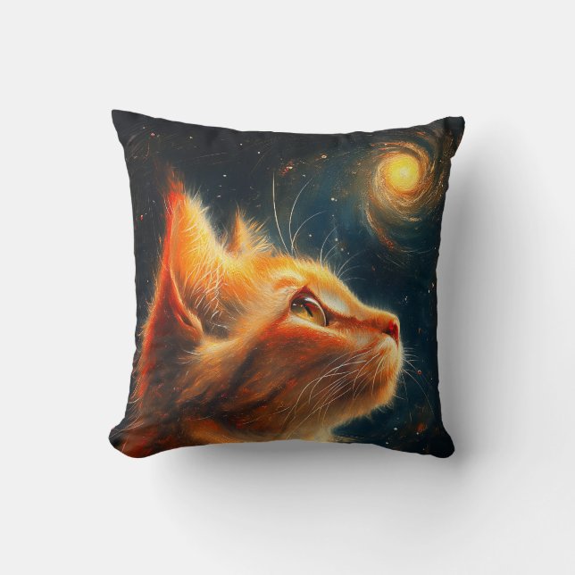 Cosmic Dreamer | Ginger Cat Stargazing Kudde (Framsida)