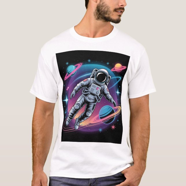 Cosmic Drift - Astronaut i Neon Galaxy T Shirt (Framsida)