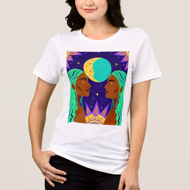 Cosmic Duality: Sun, Moon, and Sisterhood T Shirt (Framsida)