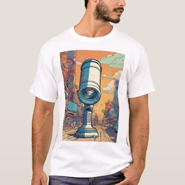 Cosmic Explorer: Vector Tecknad Art Telescope T Shirt (Framsida)