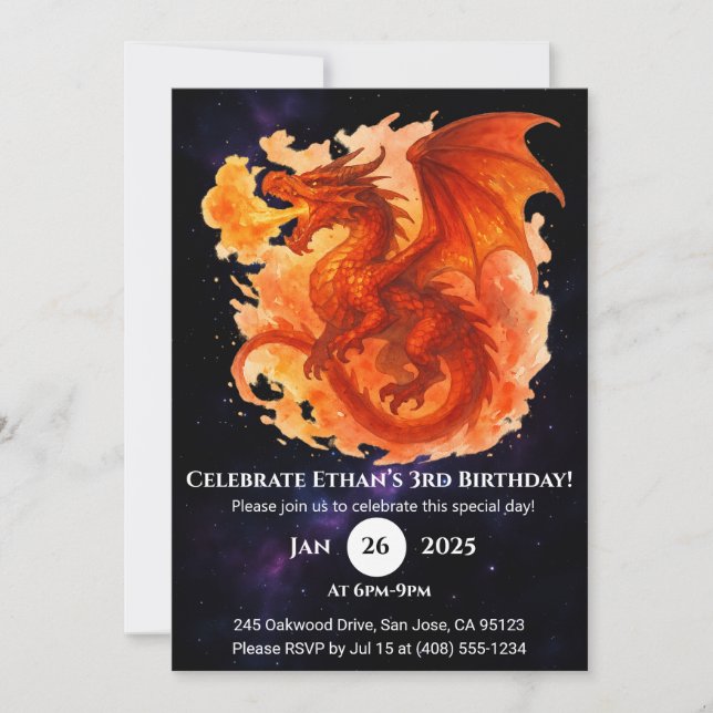 Cosmic Flame Dragon Birthday Invitation Inbjudningar (Framsida)