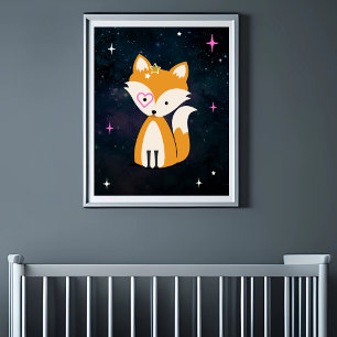Cosmic Fox Vild One Rosa Girl Nursery Poster