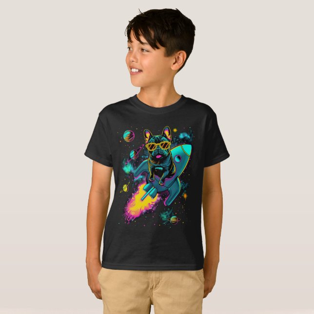Cosmic Frenchie Rocket Ride | Neon Kids T Shirt (Hel framsida)