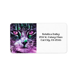 Cosmic Galaxy Cat Starry Himlar Lila and Grönt Adressetikett