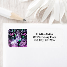 Cosmic Galaxy Cat Starry Himlar Lila and Grönt Returadress Etikett