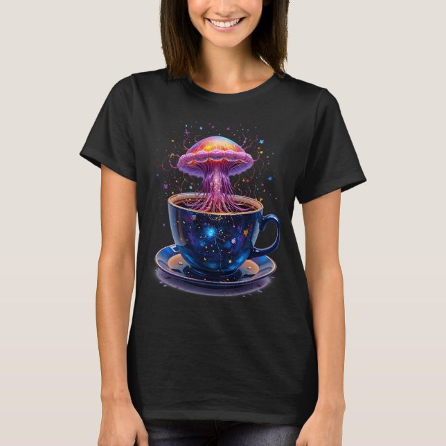  Cosmic Galaxy Jellyfish in Teacup Whimsical Space T Shirt (Framsida)