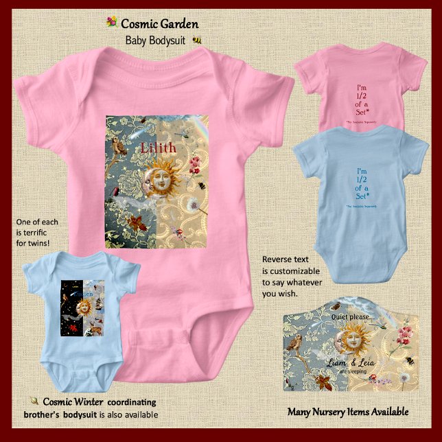  Cosmic Garden Baby Bodysuit T Shirt (Sweet Brother & Sister 1-piece suits, sold separately, are fully customizable, on both front & back.)