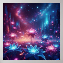 Cosmic Garden of Luminous Blooming Flowers Poster