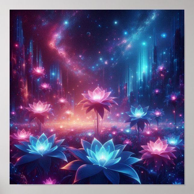 Cosmic Garden of Luminous Blooming Flowers Poster (Framsidan)