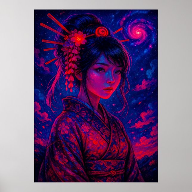 Cosmic Geisha med Galaxy Himmel Fantasy japanska Poster (Framsidan)