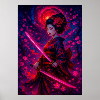 Cosmic Geisha Samurai med Glowing Swords Fantasy Poster