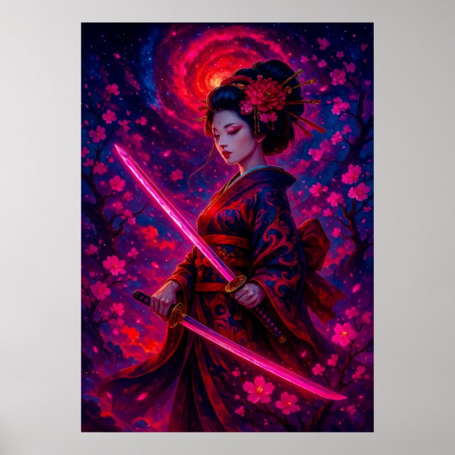 Cosmic Geisha Samurai med Glowing Swords Fantasy Poster (Framsidan)