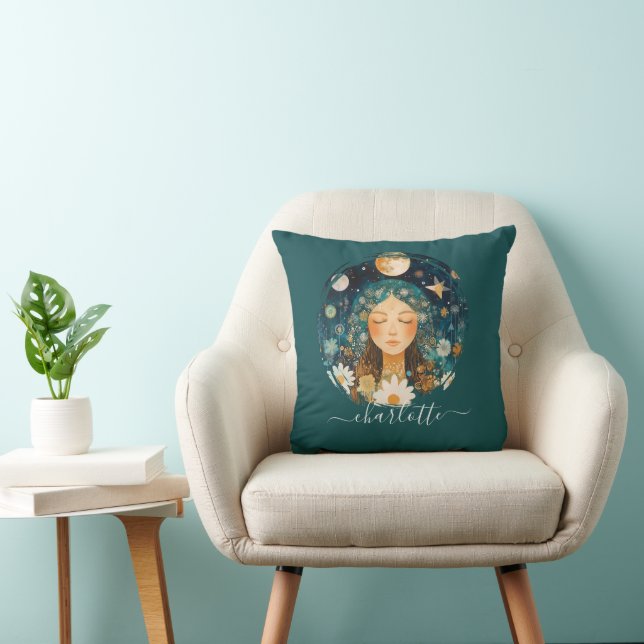 Cosmic Girl Boho Moon & Daisy Illustration Anpassa Kudde (Stol)