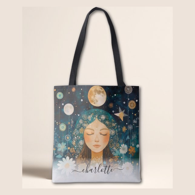 Cosmic Girl Boho Moon & Daisy Illustration Anpassa Tygkasse (Cosmic Girl Boho Moon & Daisy Illustration Custom Tote Bag)