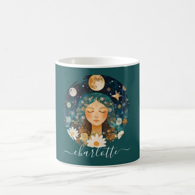 Cosmic Girl Boho Moon & Daisy Illustration Custom Kaffemugg (Center)