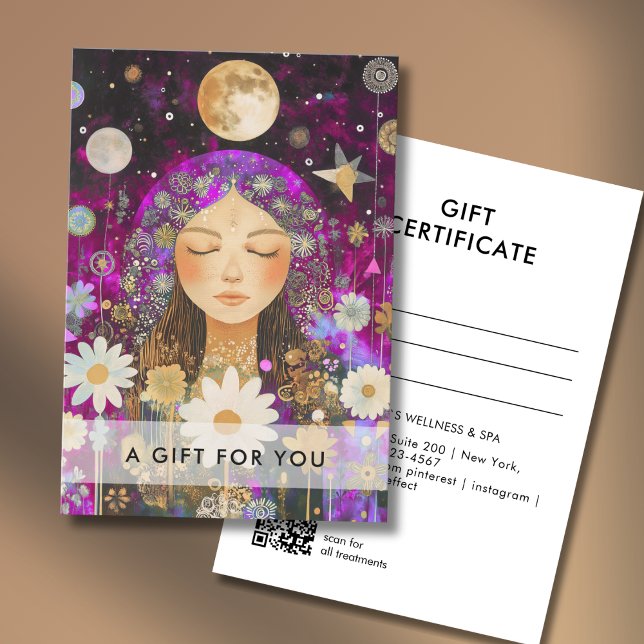 Cosmic Girl Boho Moon QR-kod presentcertifikat (Cosmic Girl Boho Moon QR Code Salon Gift Certificate Purple-Pink & Gold)