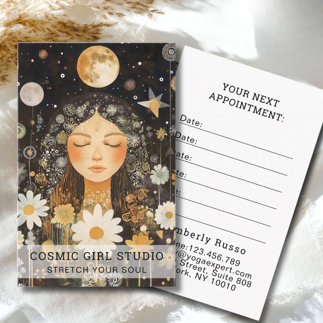 Cosmic Girl Boho Moon Salon Appointment Card Tidsbeställning Kort (Cosmic Girl Boho Moon Salon Custom Appointment Card for Yoga Studios Salons Service Provider & more)