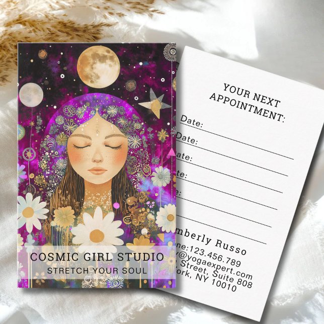 Cosmic Girl Boho Moon Salon Appointment Card Tidsbeställning Kort (Cosmic Girl Boho Moon Salon Custom Appointment Card for Yoga Studios Salons Service Provider & more)