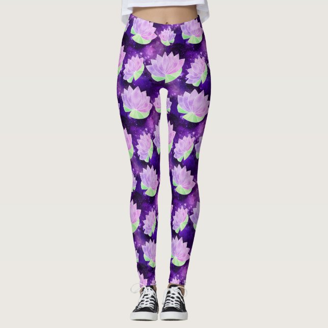 Cosmic Glam Lila Lotus Flowers Galaxy Skriv ut Yog Leggings (Framsida)
