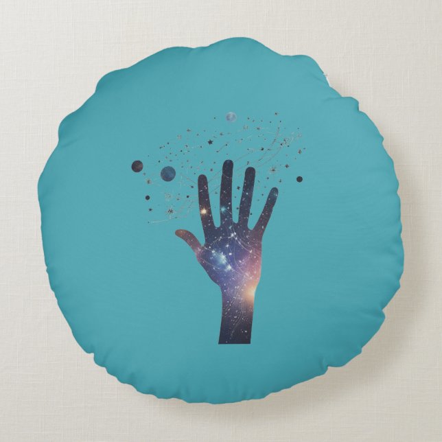 Cosmic Hand in Starry Galaxy – Surreal Spiritual S Rund Kudde (Baksidan)