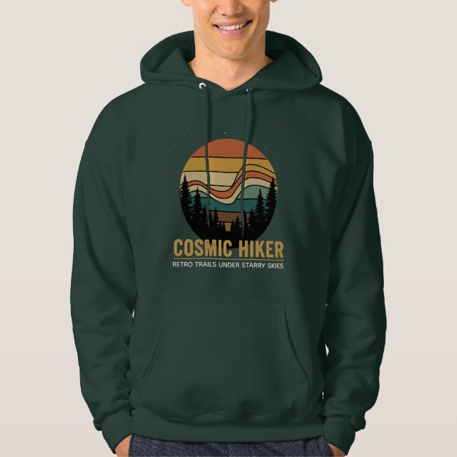 Cosmic Hiker Retro 70s Sunset Space Forest Stars Hoodie (Framsida)