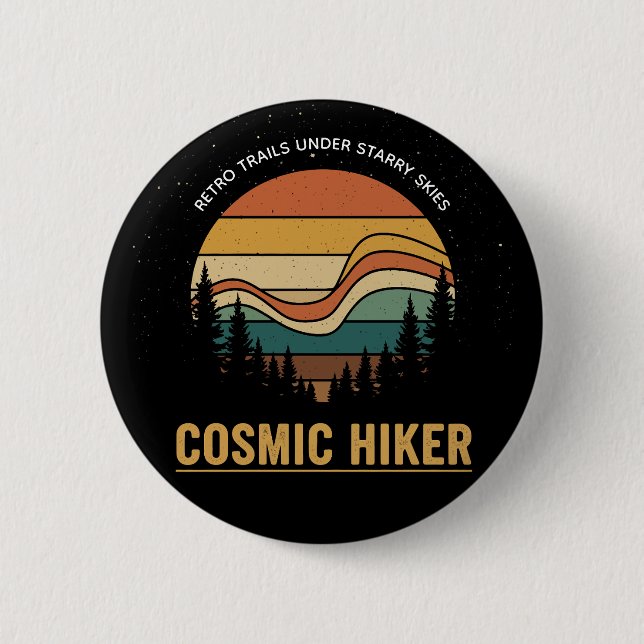 Cosmic Hiker Retro 70s Sunset Space Forest Stars Knapp (Framsida)