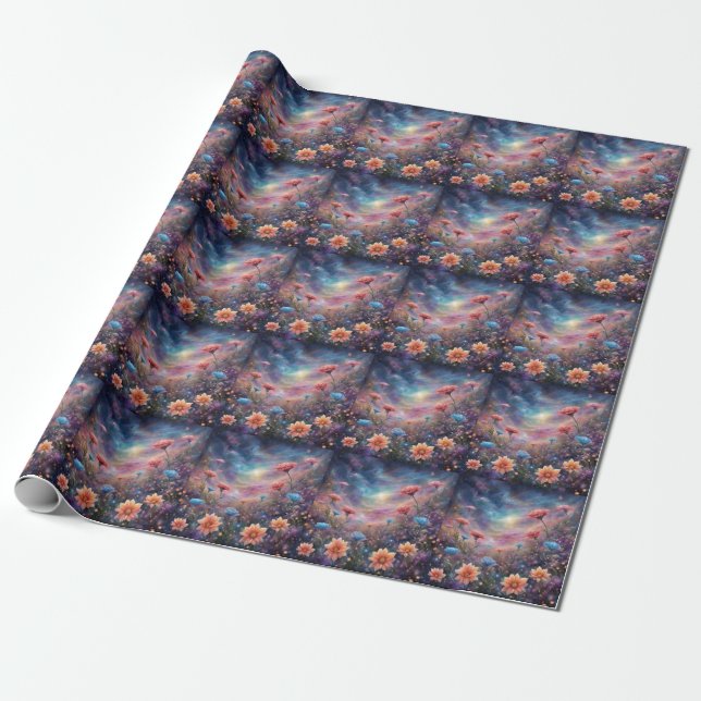 Cosmic himlar med fantastiska blommor presentpapper (Utrullad)
