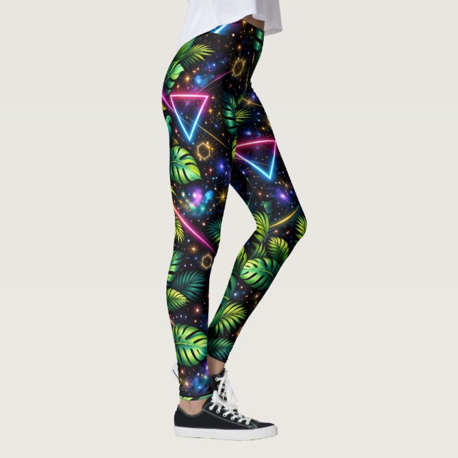 Cosmic Jungle Neon Galaxy Tropical Activewear Leggings (Höger)