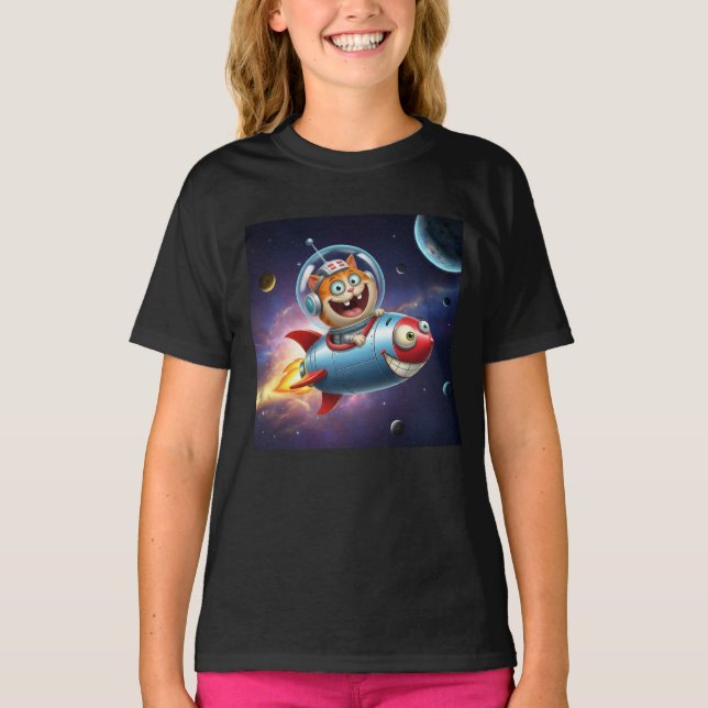Cosmic Kitty Rocket Ride Funny Space Cat Adventure T Shirt (Framsida)
