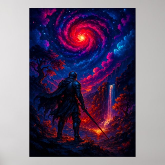 Cosmic Knight med Sword under Galaxy Himmel Fantas Poster (Framsidan)